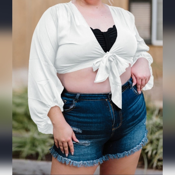 Tops - White  Plus Size balloon Sleeve wrap Top